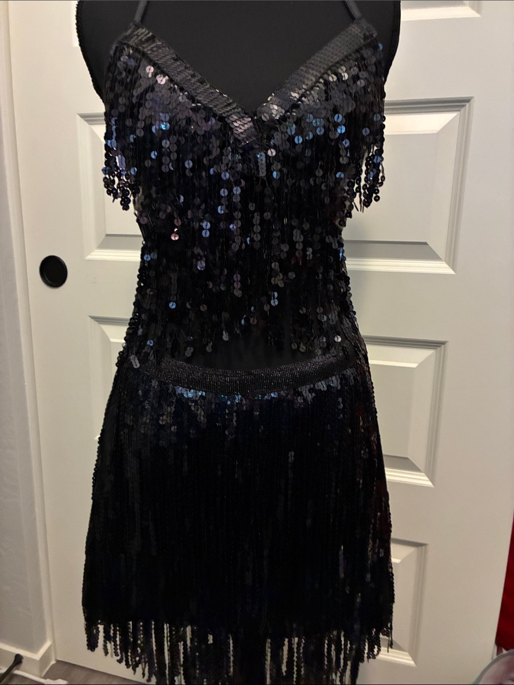 NWOT Pleather 2 pc Black Sequin Fringe halter and skirt! Shimmy shimmy!
